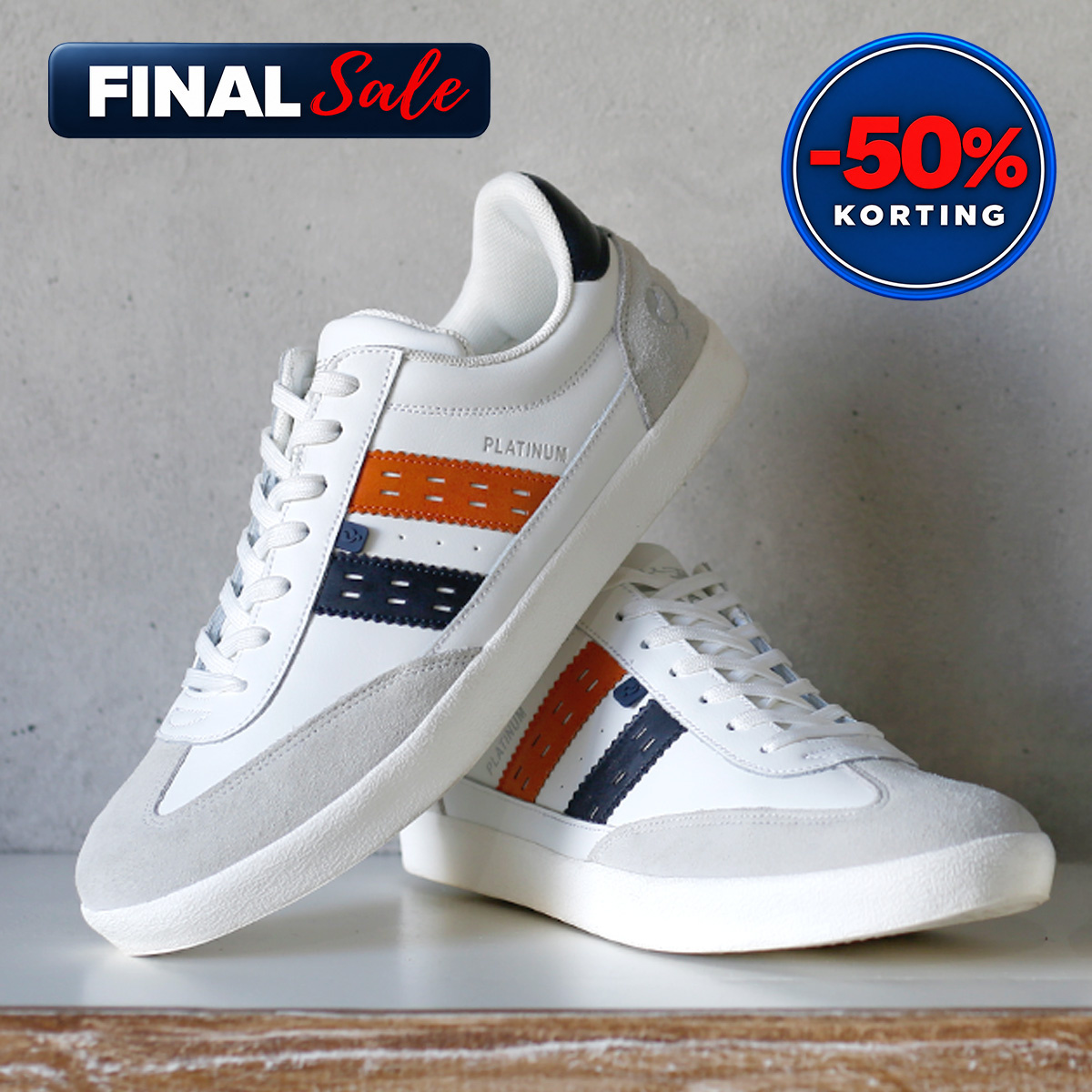 Heren Sneaker Platinum | Wit/Donkerblauw/Oranje