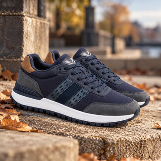 Q1905 Heren Sneaker Aalst - Donkerblauw/ Cognac/ Wit