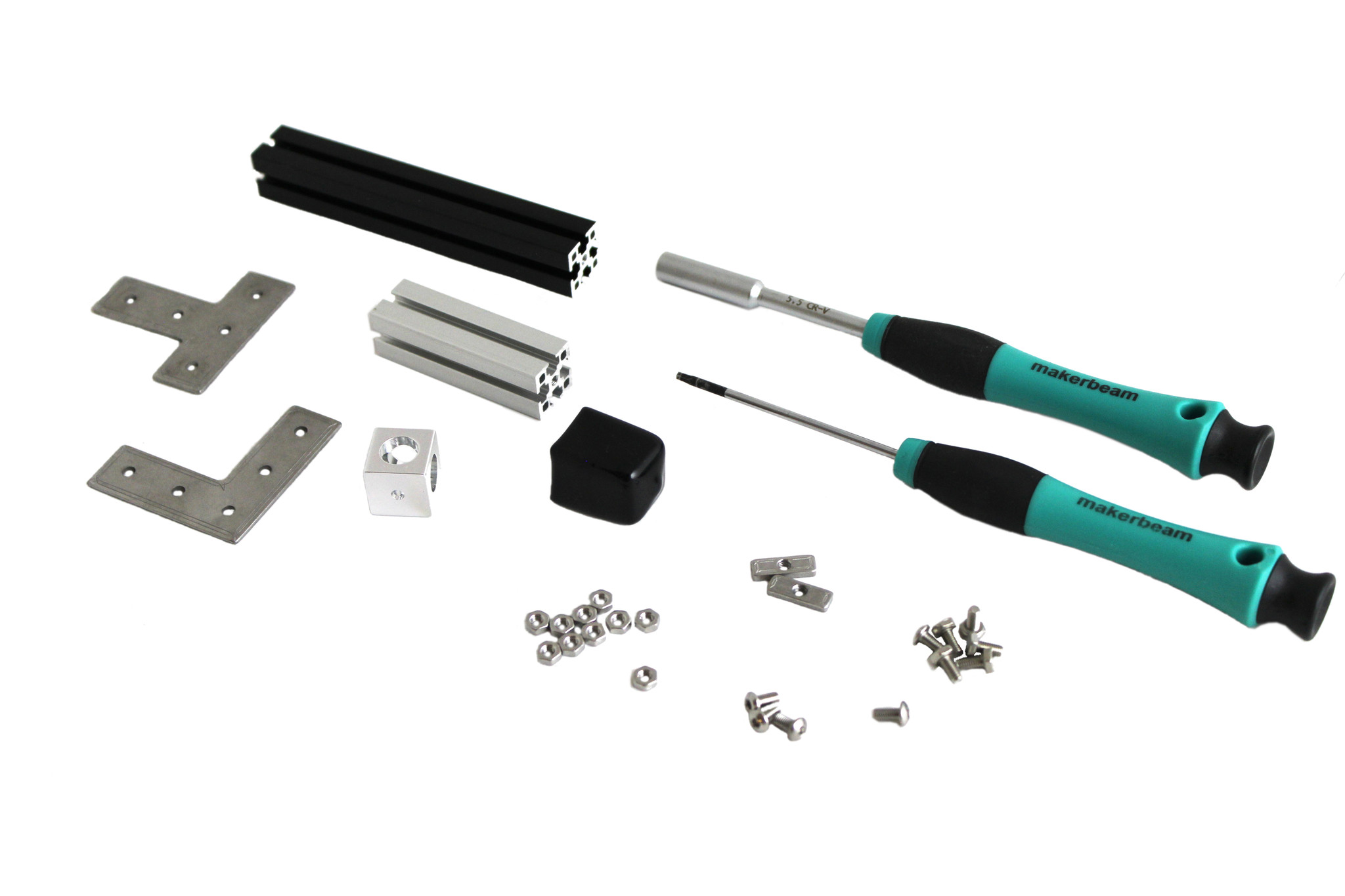 Sample bag with hex nut and key driver, MakerBeamXL samples and