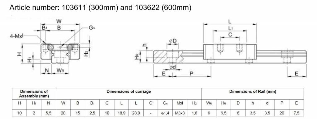 MakerBeam - 10mmx10mm 1 piece of 750mm linear slide rail and carriage