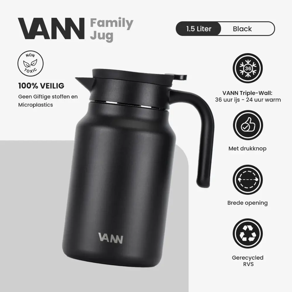 VANN 3-wandiger Edelstahl Familenkrug Schwarz 1,5 Liter VANN 3-wandiger Edelstahl Familenkrug Schwarz 1,5 Liter