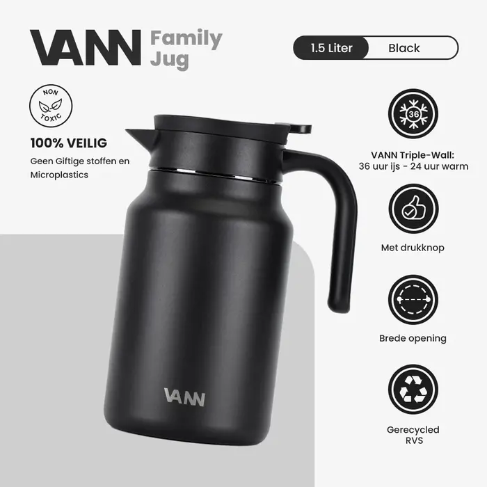 VANN 3-wandiger Edelstahl Familenkrug Schwarz 1,5 Liter VANN 3-wandiger Edelstahl Familenkrug Schwarz 1,5 Liter