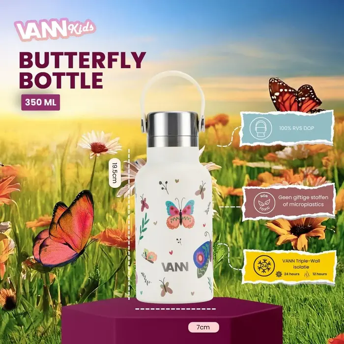 VANN 3-Wandige RVS Kinderdrinkfles 2.0 Butterfly 350 ML VANN 3-Wandige RVS Kinderdrinkfles 2.0 Butterfly 350 ML