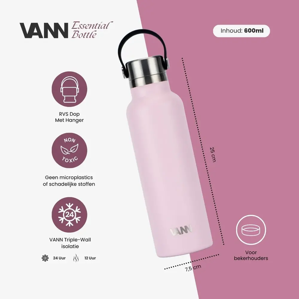 VANN Edelstahl Essential Flasche Soft Pink 600 ML VANN Edelstahl Essential Flasche Soft Pink 600 ML