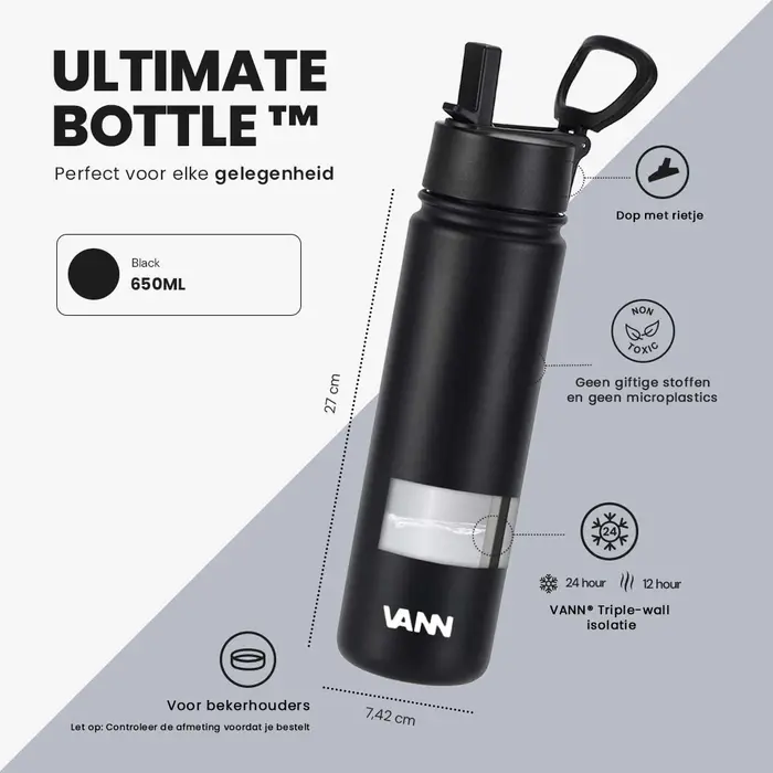 VANN 3-Wandige Ultimate Edelstahl-Trinkflasche Schwarz 650 ML VANN 3-Wandige Ultimate Edelstahl-Trinkflasche Schwarz 650 ML