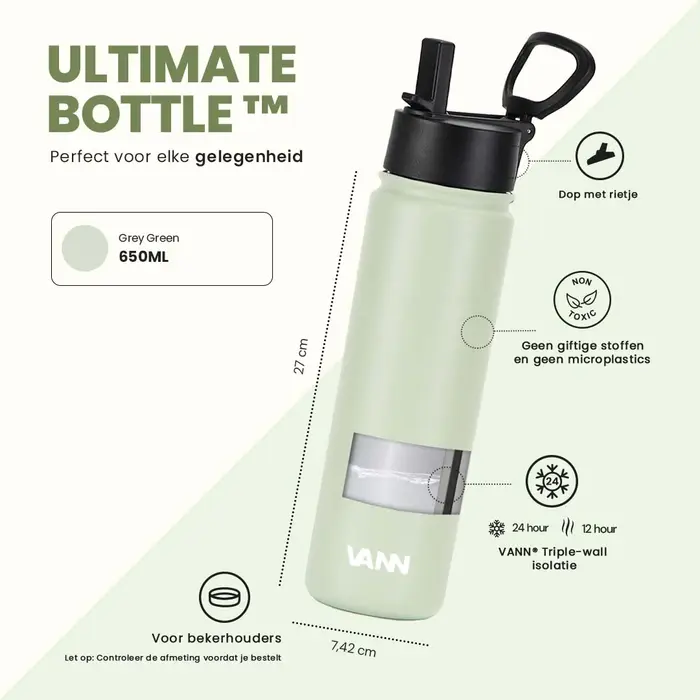 VANN 3-Walled Ultimate Stainless Steel Drinking Bottle Grey Green 650 ML VANN 3-Walled Ultimate Stainless Steel Drinking Bottle Grey Green 650 ML