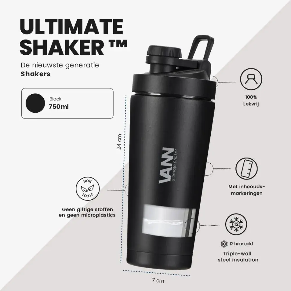 VANN 3-wandiger Ultimate Edelstahl-Shaker Schwarz 750 ML VANN 3-wandiger Ultimate Edelstahl-Shaker Schwarz 750 ML