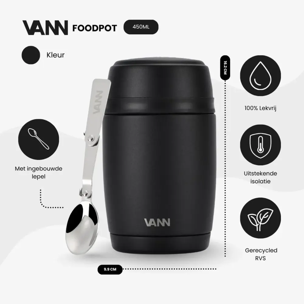 VANN Stainless Steel Thermos Lunch Pot Black