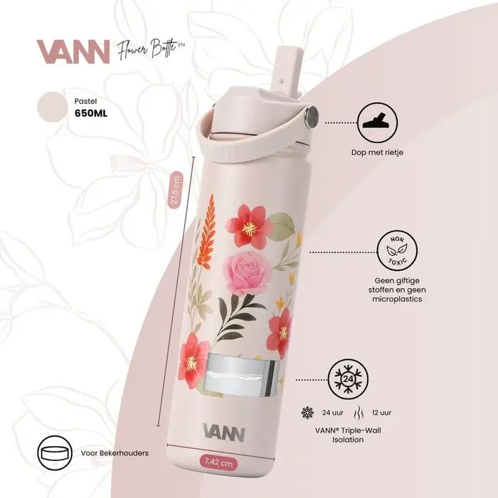 VANN 3-Wandige Ultimate RVS Drinkfles Pastel Flowers 650 ML
