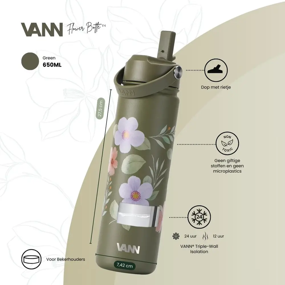 VANN 3-Walled Ultimate Stainless Steel Drinking Bottle Green Flowers 650 ml VANN 3-Walled Ultimate Stainless Steel Drinking Bottle Green Flowers 650 ml