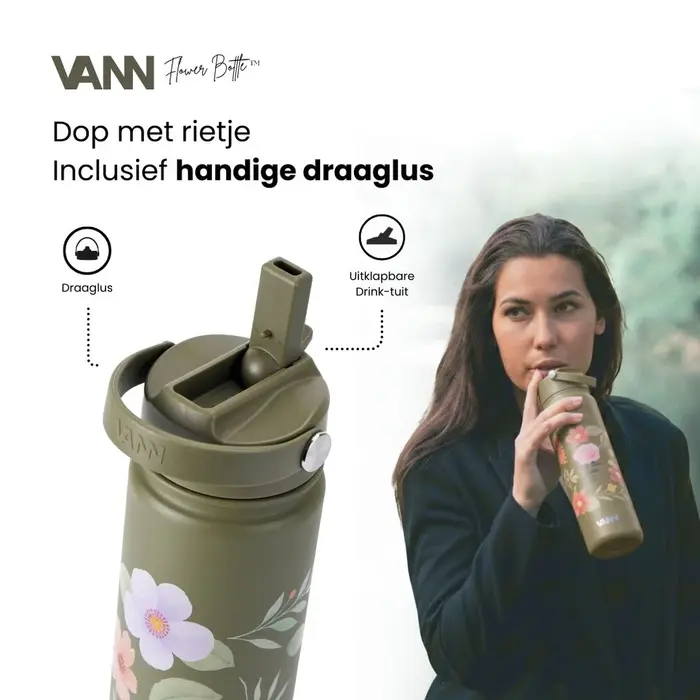 VANN 3-Wandige Ultimate RVS Drinkfles Green Flowers 650 ML