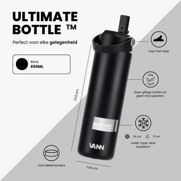 VANN 3-Walled Ultimate Stainless Steel Drinking Bottle Black 650 ML
