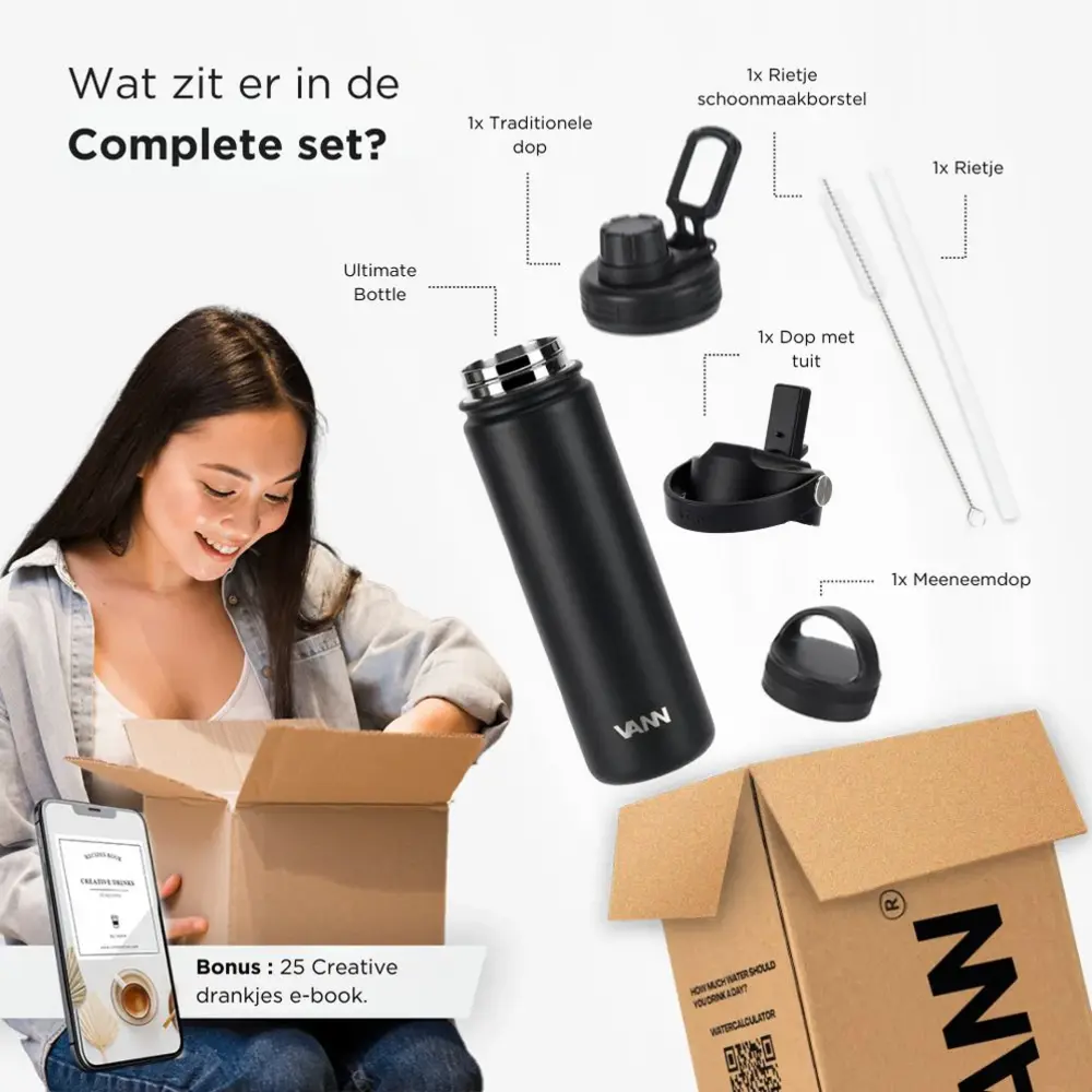 VANN 3-Wandige Ultimate Edelstahl-Trinkflasche Schwarz 650 ML