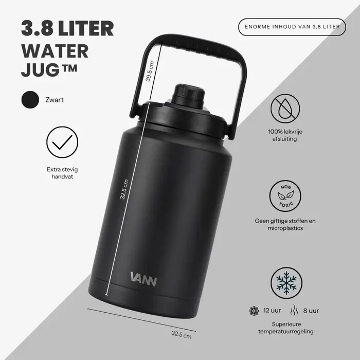VANN Doppelwandiger Edelstahlkrug Schwarz 3,8 Liter