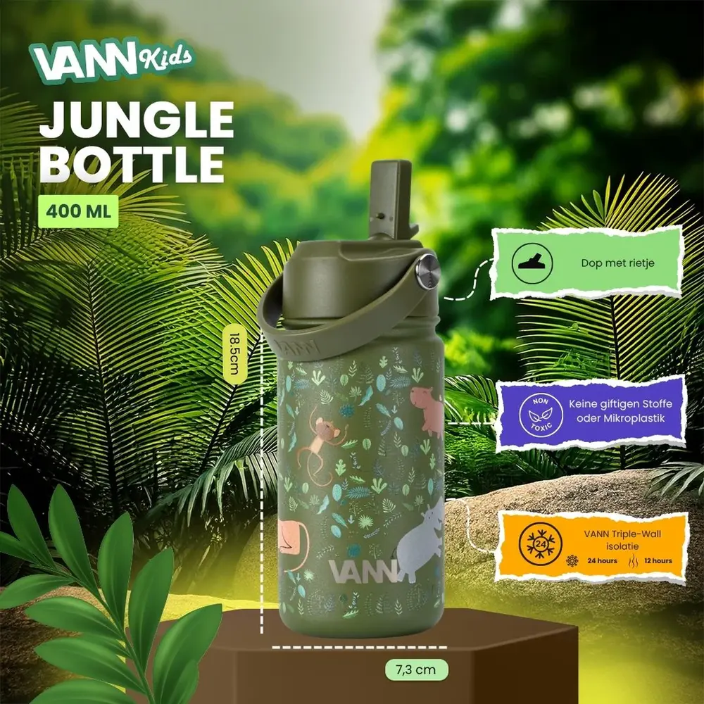VANN 3-Wandige RVS Kinderdrinkfles Jungle 400 ML