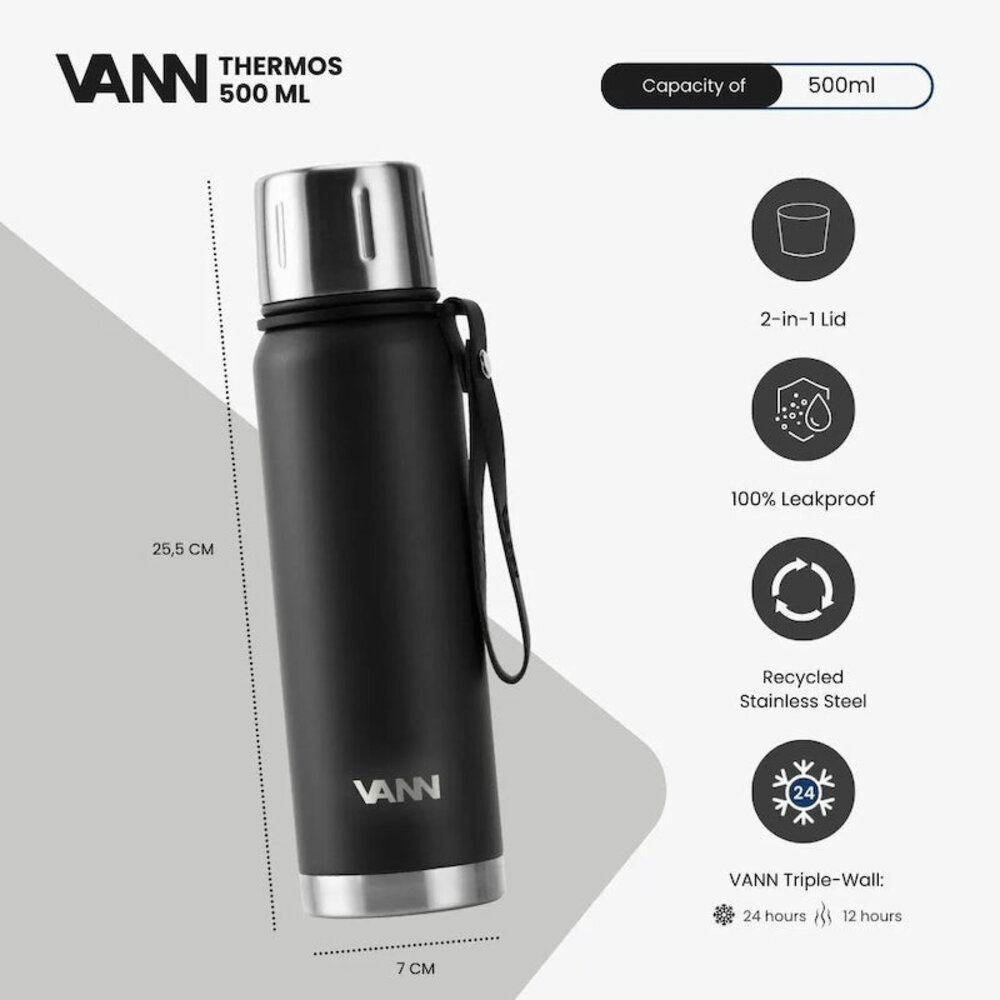 VANN Stainless Steel Thermos Bottle Black 500 ML VANN Stainless Steel Thermos Bottle Black 500 ML