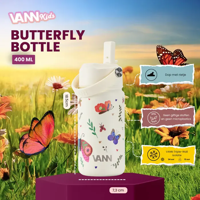 VANN 3-Wandige RVS Kinderdrinkfles Butterfly 400 ML VANN 3-Wandige RVS Kinderdrinkfles Butterfly 400 ML