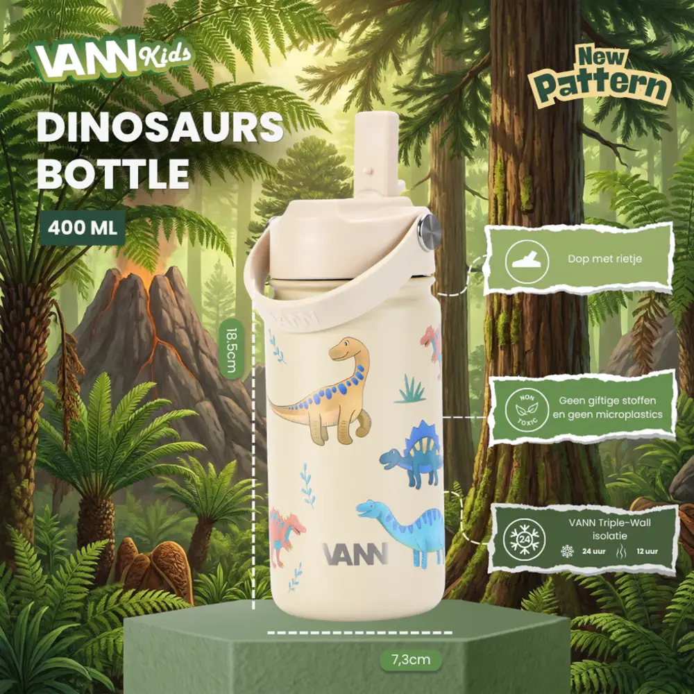 VANN 3-Wandige RVS Kinderdrinkfles Dinosaurs 400 ML