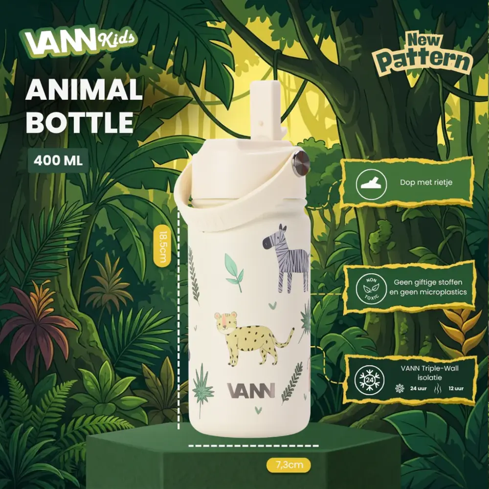 VANN 3-Wandige RVS Kinderdrinkfles Animals 400 ML VANN 3-Wandige RVS Kinderdrinkfles Animals 400 ML