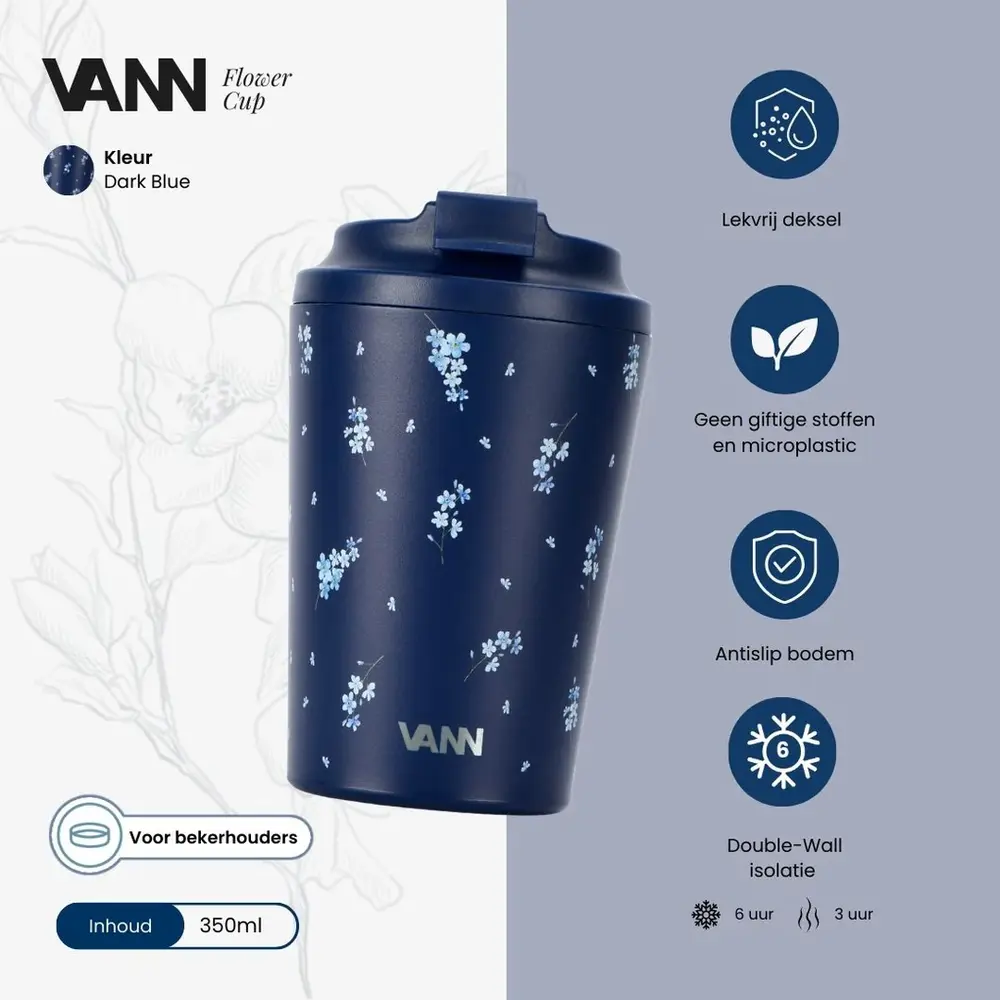VANN Koffiebeker RVS Blue Flower 350 ML VANN Koffiebeker RVS Blue Flower 350 ML
