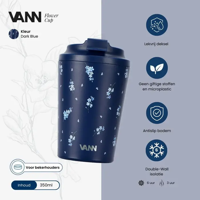 VANN Koffiebeker RVS Blue Flower 350 ML VANN Koffiebeker RVS Blue Flower 350 ML