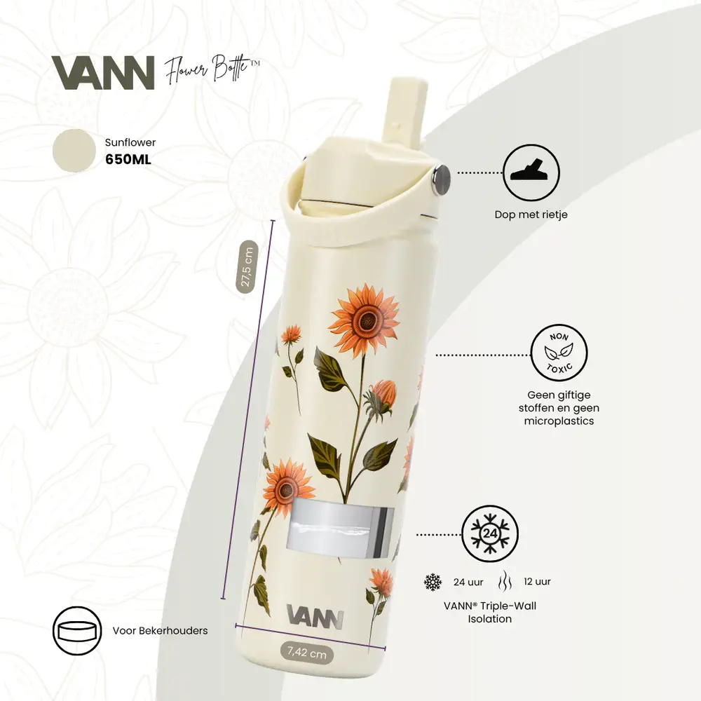 VANN 3-wandige Ultimate Edelstahl-Trinkflasche Sonnenblumen 650 ML VANN 3-wandige Ultimate Edelstahl-Trinkflasche Sonnenblumen 650 ML
