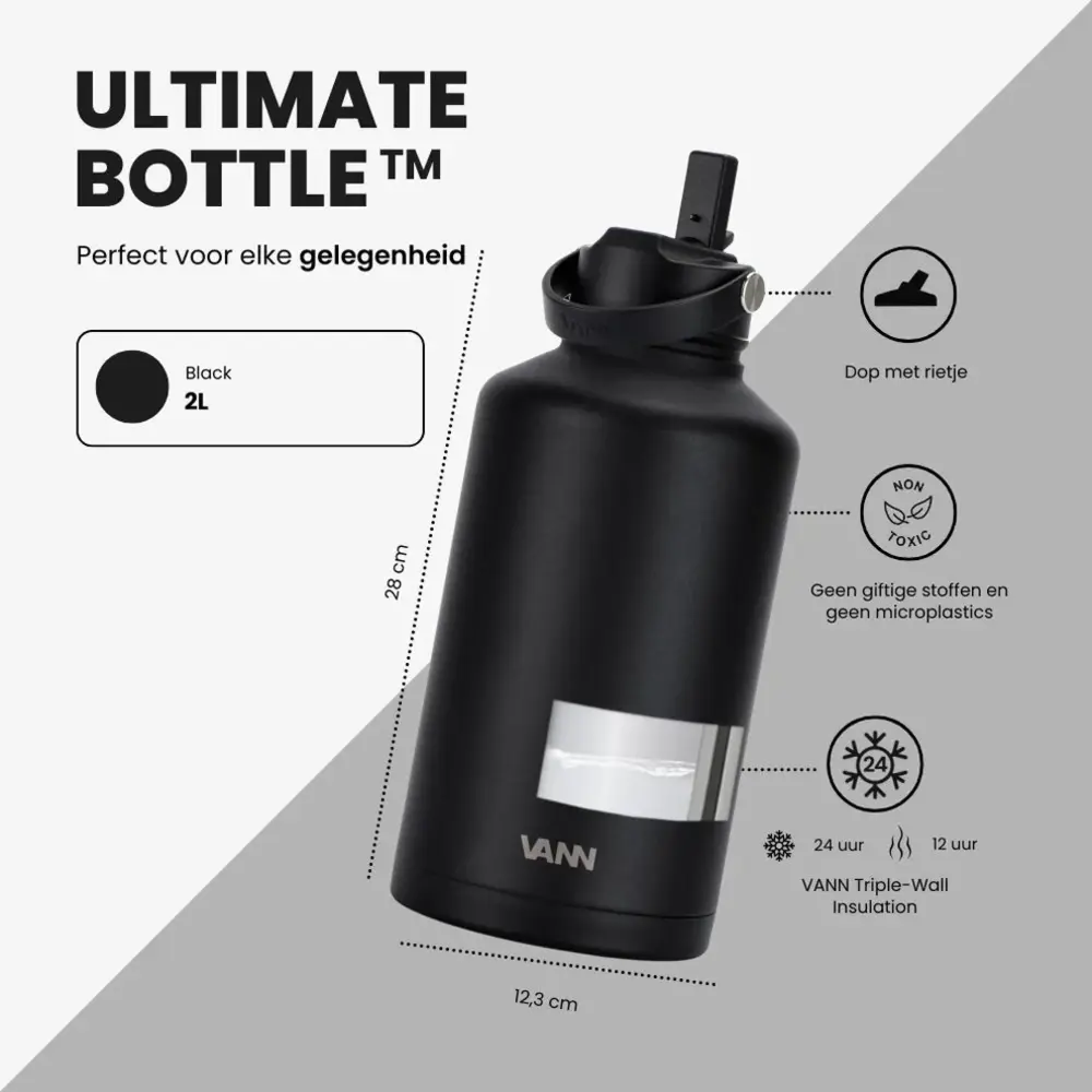 VANN 3-Walled Ultimate Stainless Steel Drinking Bottle Black 2 Liter
