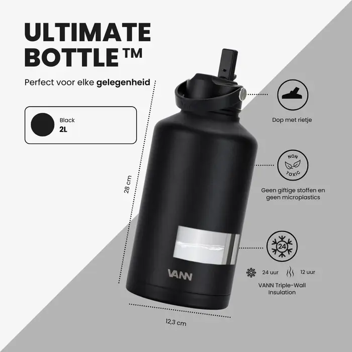 VANN 3-Wandige Ultimate Edelstahl-Trinkflasche Schwarz 2 Liter VANN 3-Wandige Ultimate Edelstahl-Trinkflasche Schwarz 2 Liter