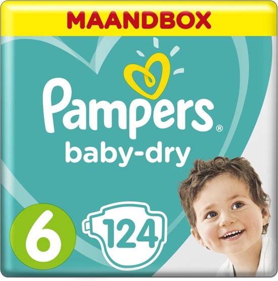 Couches Pampers Baby-Dry - Taille 6 (13+ kg) - 124 pièces - Boîte mensuelle