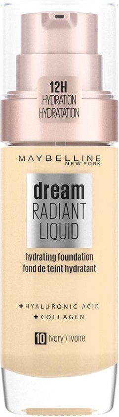 Maybelline Dream Radiant Liquid - 10 Ivory - Fond de teint adapté aux peaux sèches avec acide hyaluronique - 30 ml