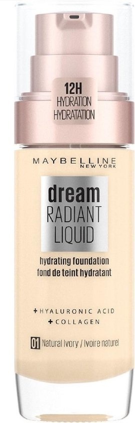 Maybelline Dream Radiant Liquid - 1 natürliches Elfenbein - Foundation Geeignet für trockene Haut mit Hyaluronsäure - 30 ml