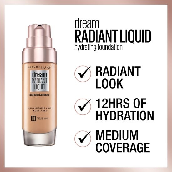 Maybelline Dream Radiant Liquid - 044 Natural Beige - Foundation Suitable for Dry Skin with Hyaluronic Acid - 30 ml