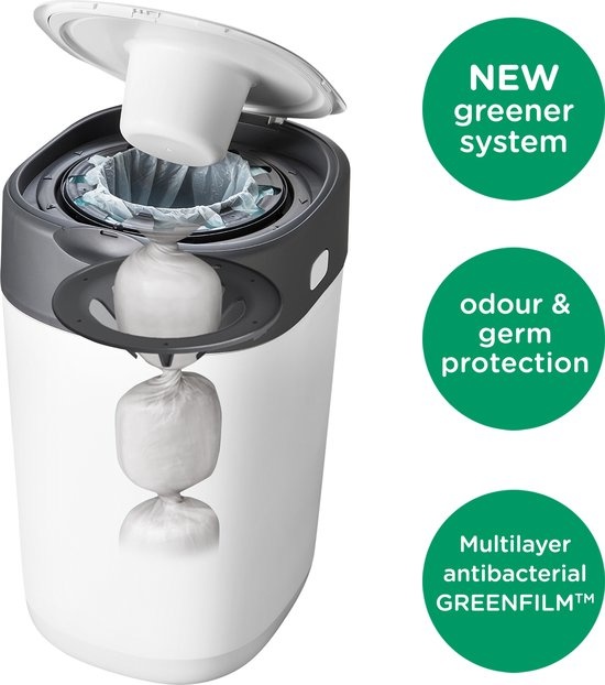 Tommee Tippee's advanced twist and click nappy bin, now even more eco-friendly, contains 12 refill cassettes with sustainably sourced and antibacterial GREENFILM, white