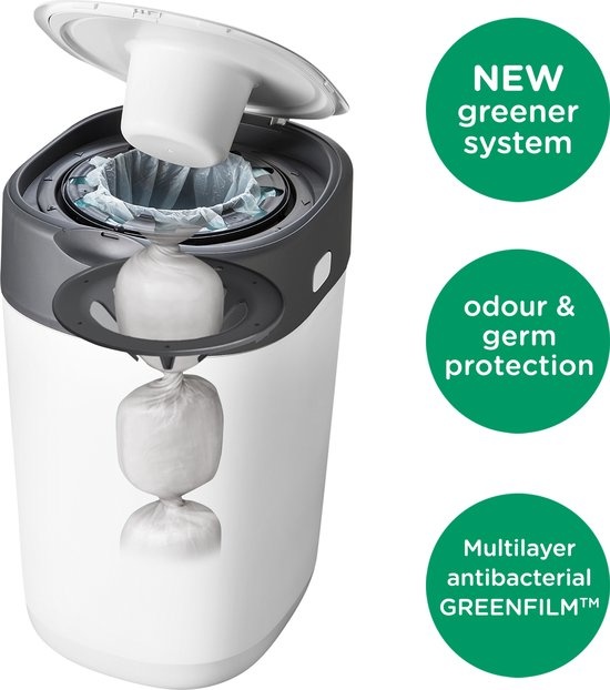 Tommee Tippee's geavanceerde draai-en-klik luieremmer, nu nog milieuvriendelijker, bevat 12 navulcassettes met duurzaam geproduceerde en antibacteriële GREENFILM, wit