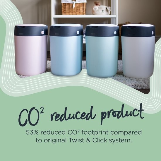 Tommee Tippee's advanced twist and click nappy bin, now even more eco-friendly, contains 12 refill cassettes with sustainably sourced and antibacterial GREENFILM, white