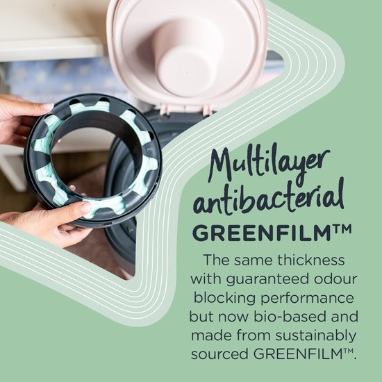 Tommee Tippee's geavanceerde draai-en-klik luieremmer, nu nog milieuvriendelijker, bevat 12 navulcassettes met duurzaam geproduceerde en antibacteriële GREENFILM, wit