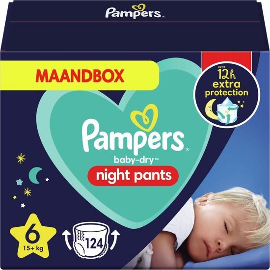 Pantalon de nuit Pampers - Taille 6 (15kg+) - 124 Pantalons à couches - Boîte mensuelle