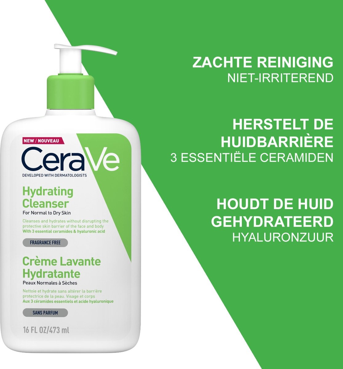 Nettoyant visage hydratant CeraVe, 473 ml, pour usage quotidien, peaux sèches à normales