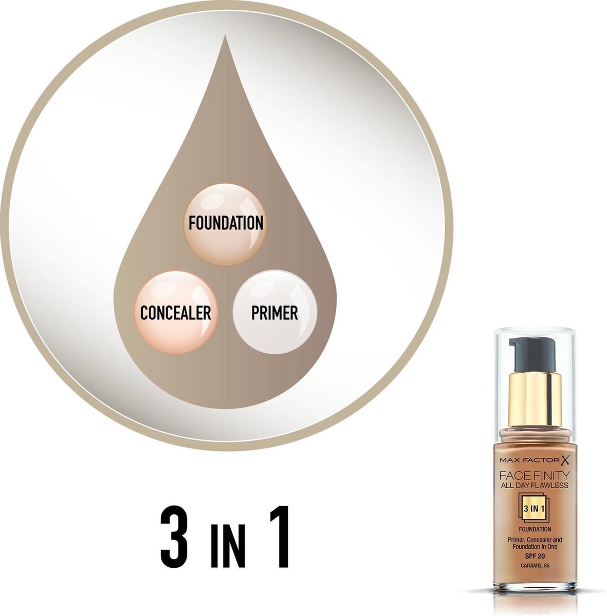 Max Factor Facefinity Fond de teint liquide 3 en 1 sans défaut All Day - 085 Caramel