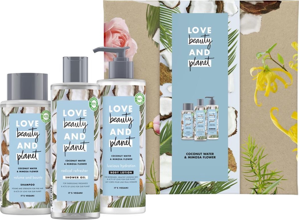 Love Beauty and Planet Coffret cadeau eau de coco et fleur de mimosa - Gel douche, lotion pour le corps et shampoing