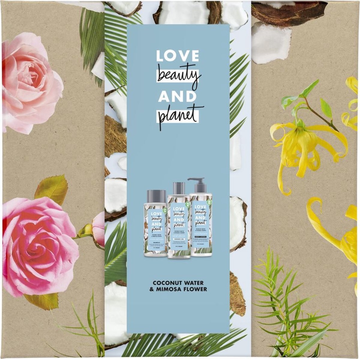 Love Beauty and Planet Coffret cadeau eau de coco et fleur de mimosa - Gel douche, lotion pour le corps et shampoing