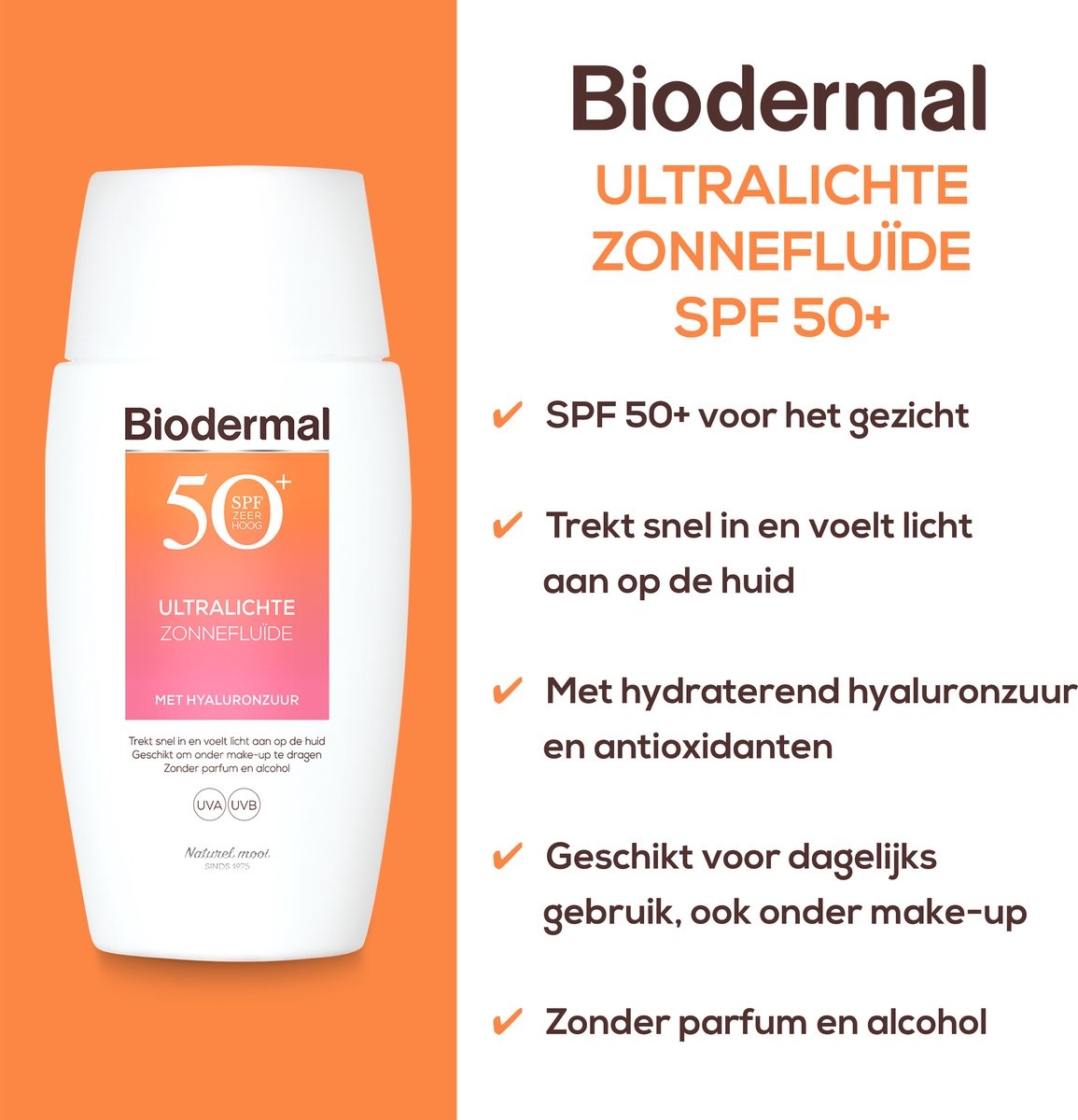 Fluide Solaire Ultra-Léger Biodermal - Crème Solaire SPF50+ - à l'Acide Hyaluronique - Crème Solaire Visage