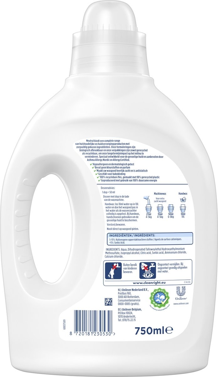 Neutraler, parfümfreier Weichspüler für pflegende Weichheit - 750 ml