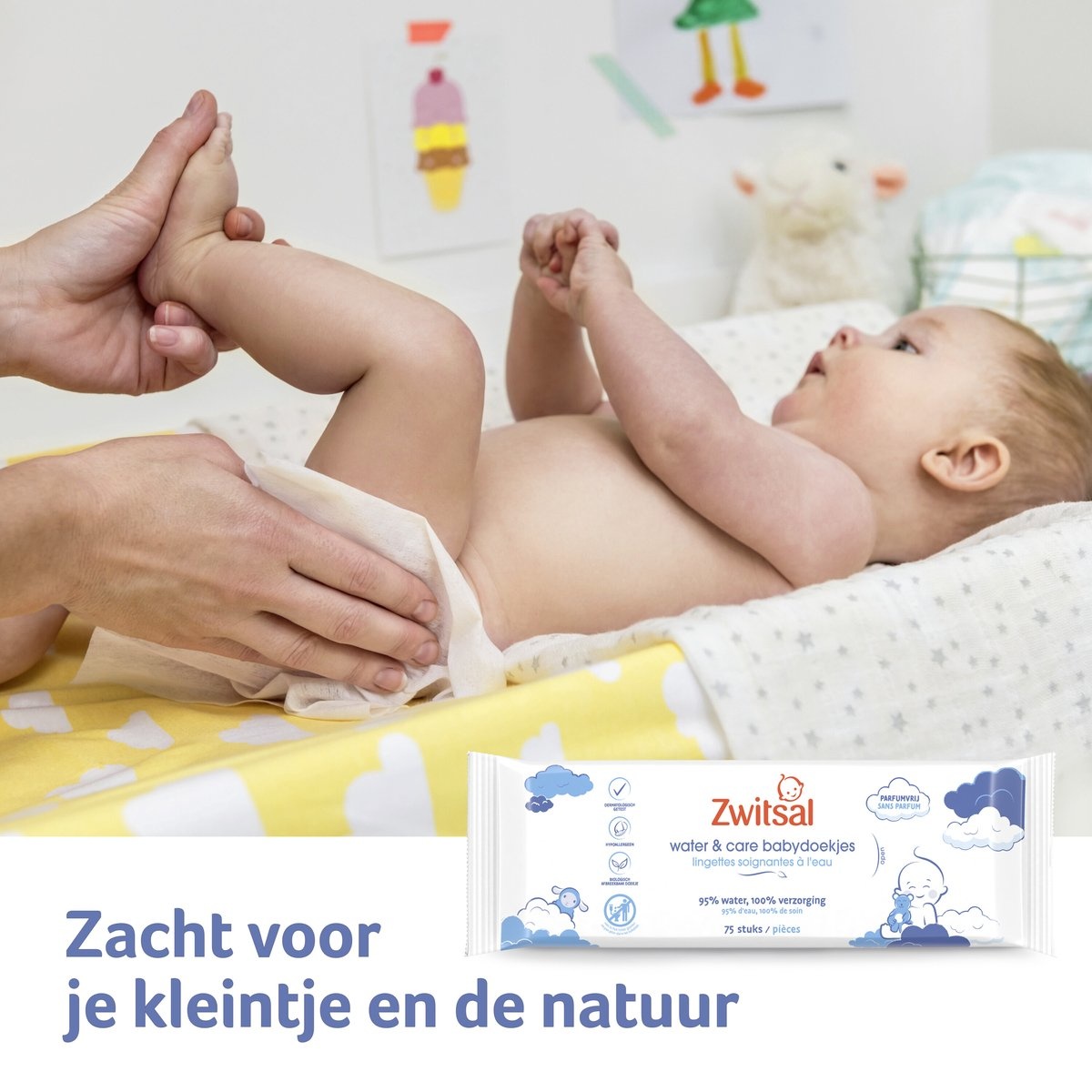 Lingettes bébé Zwitsal Water & Care - 75 pièces