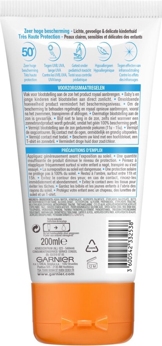 Garnier Ambre Solaire Kids Sensitive Zonnemelk SPF 50+  200ml - Verpakking beschadigd