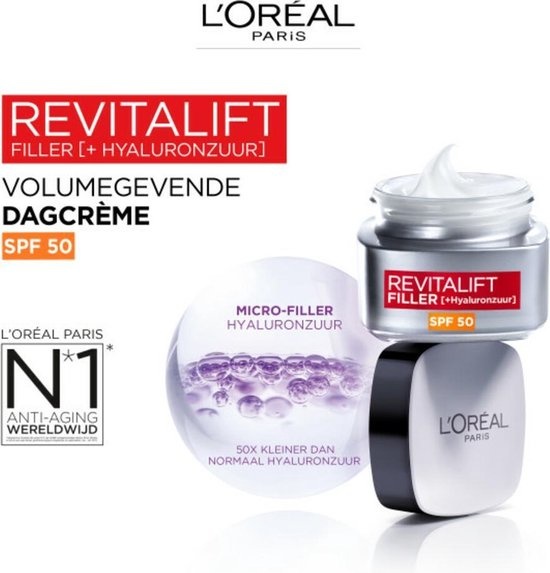 L'Oréal Paris Revitalift Filler Anti-Aging Dagcrème SPF50 - 50ml - Gezichtsverzorging met hyaluronzuur - Verpakking beschadigd