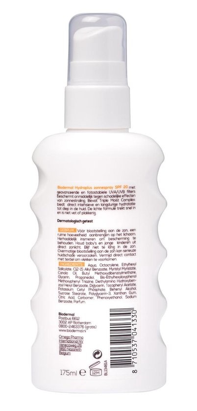 Biodermal Sun - Hydraplus - Zonnespray - SPF 20 - 175 ml - Dopje ontbreekt