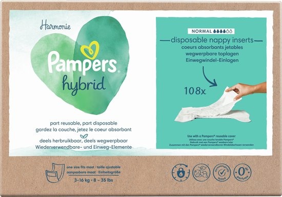 Pampers Harmonie Hybrid - Couche Lavable - 108 Couches Supérieures Absorbantes Jetables - Emballage endommagé