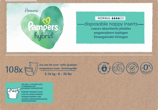 Pampers Harmonie Hybrid - Washable Diaper - 108 Absorbent Disposable Top Layers - Packaging damaged