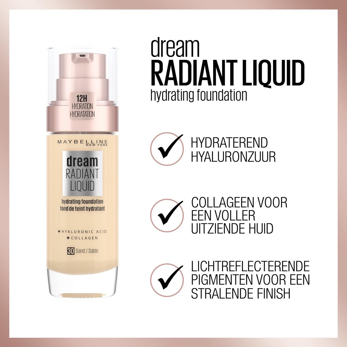 Maybelline Dream Radiant Liquid - 024 Golden Beige - Fond de teint adapté aux peaux sèches avec acide hyaluronique - 30 ml